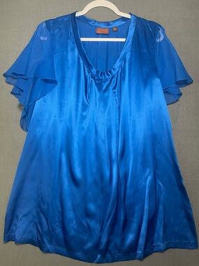 I.C.O.N Collection Blue Silk Blouse Size 20 Flutter Sleeve Tunic Top